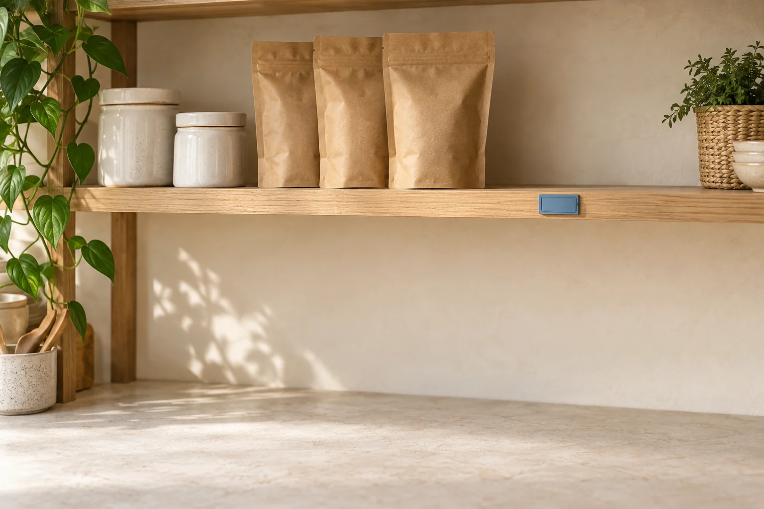 Coffee pouches and ceramic jars on a retail stock shelf, with a gap between products.