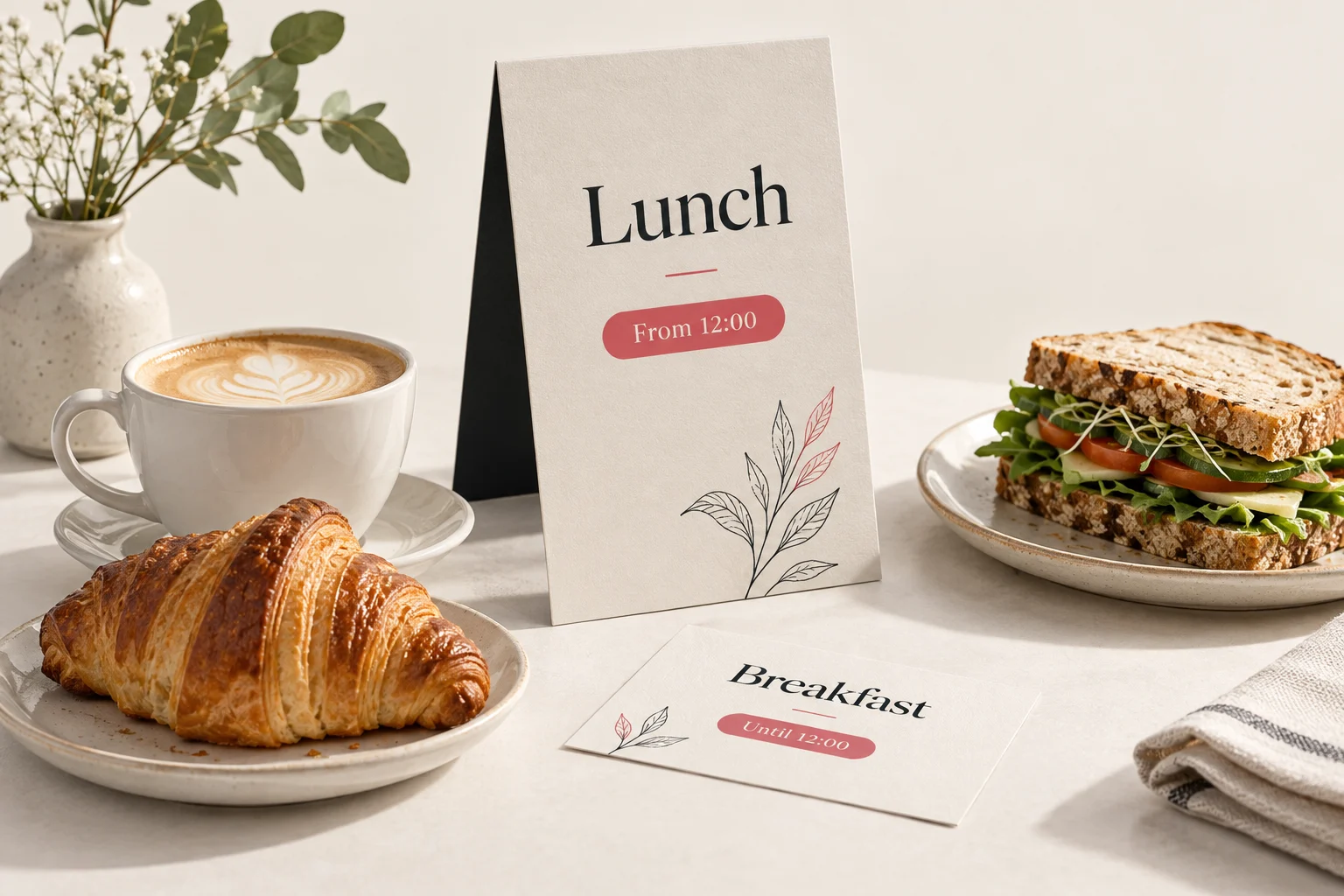 Coffee and a croissant beside a lunch sandwich and timed menu cards, illustrating the switch from breakfast to lunch.