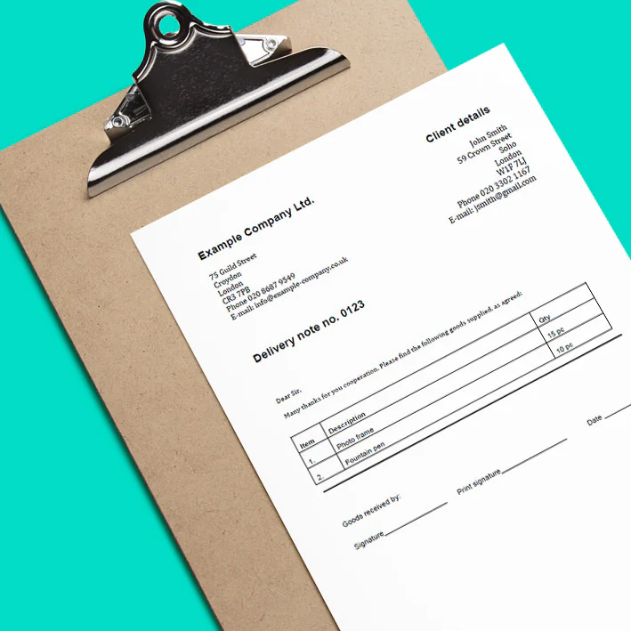 A delivery note attached to a clipboard
