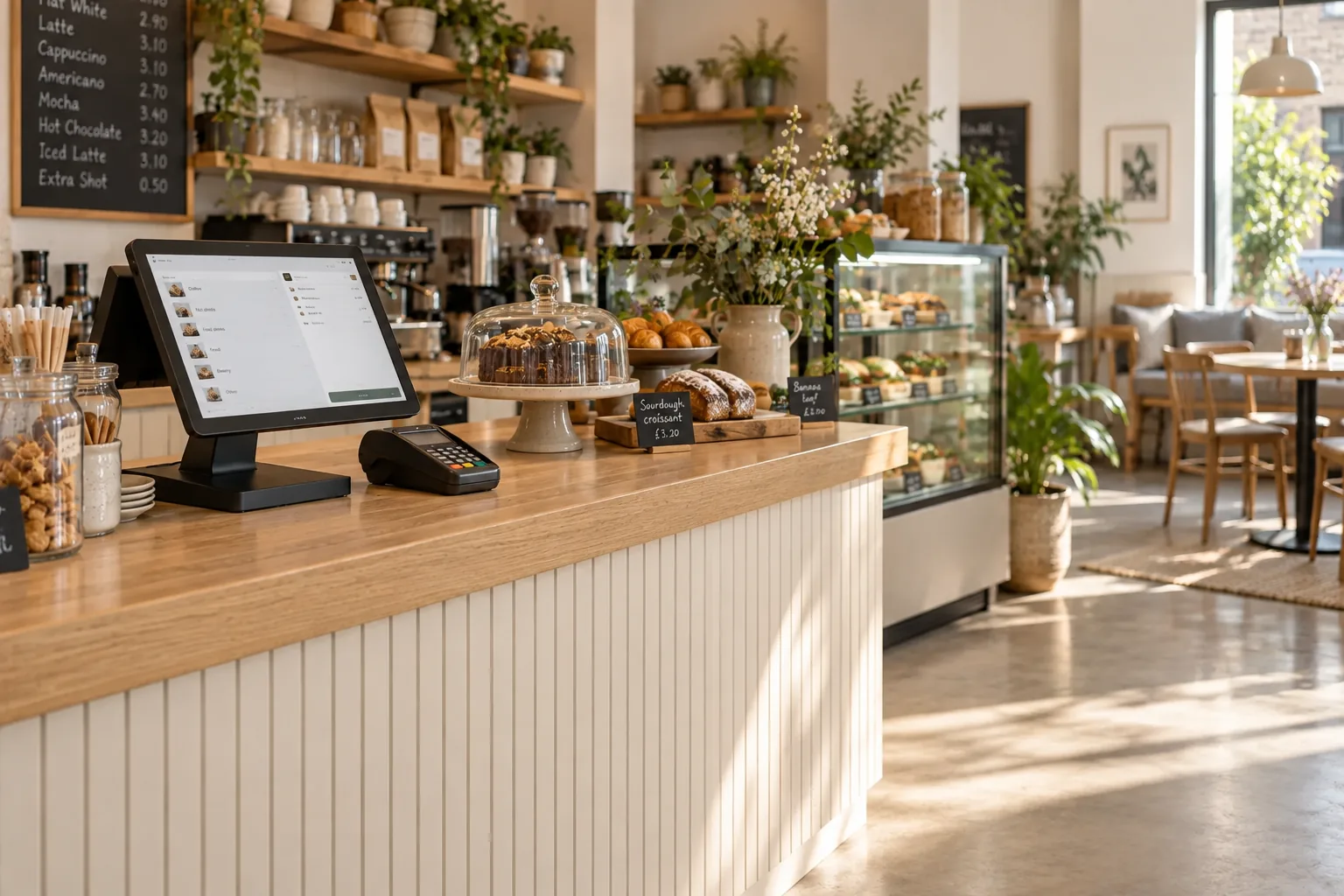 A touchscreen POS and card reader on the counter of an independent café.