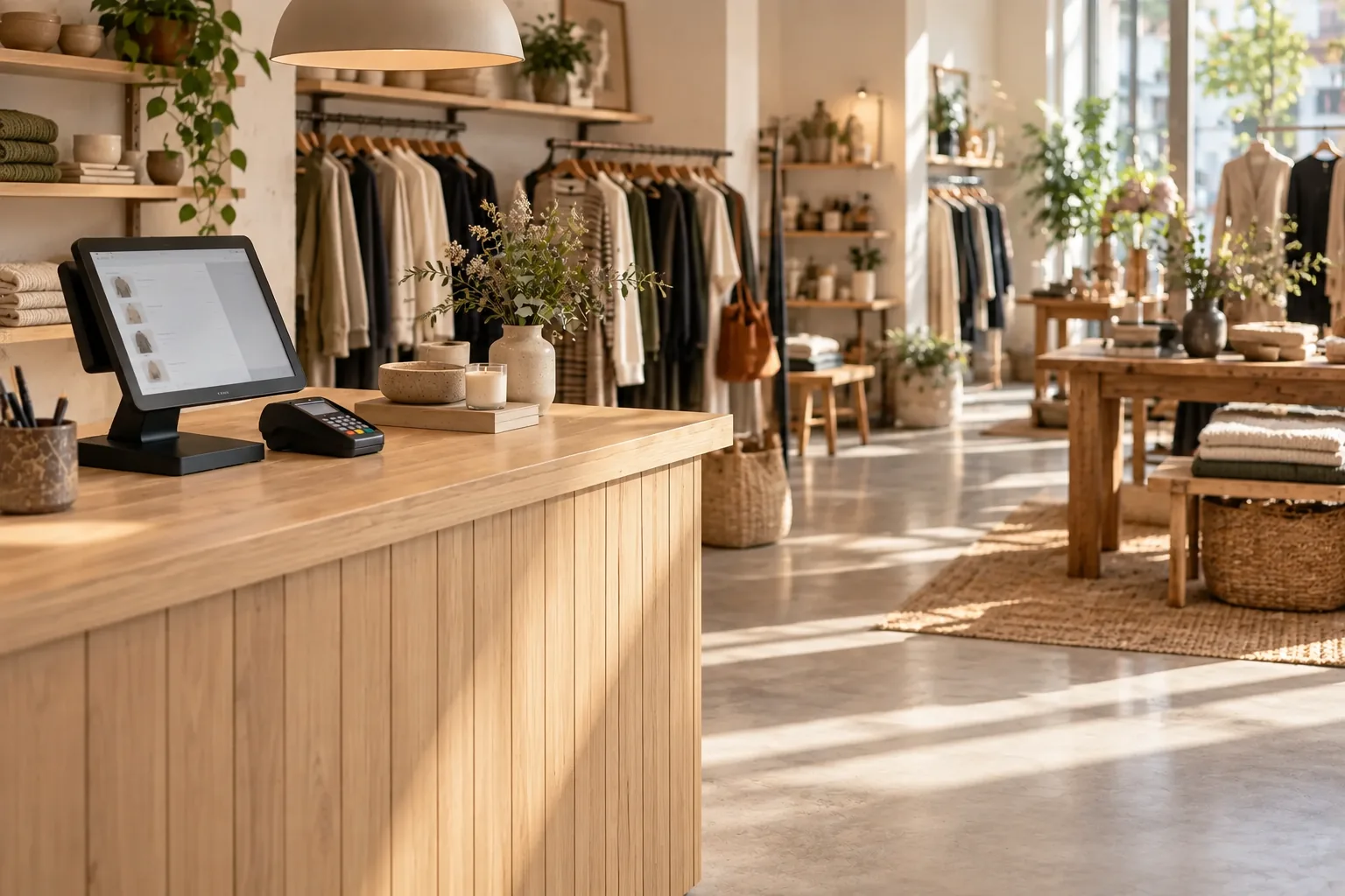 A touchscreen POS and card reader on the counter of an independent clothing boutique.