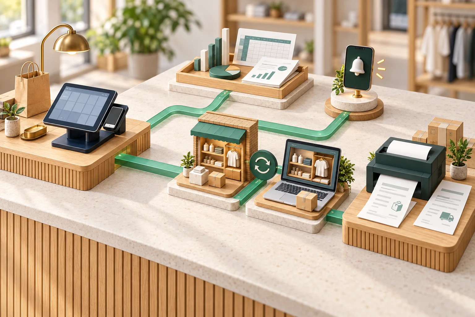 A miniature retail system showing POS data flowing to reports, alerts, synchronised online stock and branded documents.