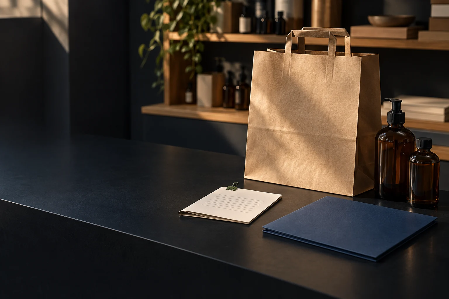 A tidy retail counter with an order bag, delivery slip, report folder and products ready for the next part of the working day.