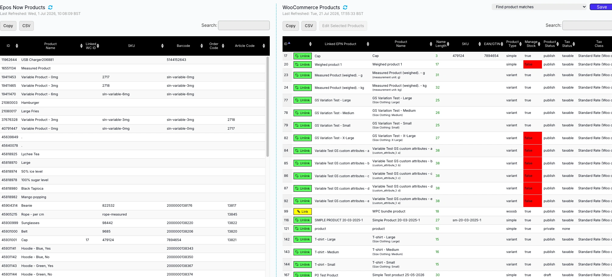 Slynk Product Linker showing matched Epos Now and WooCommerce products.